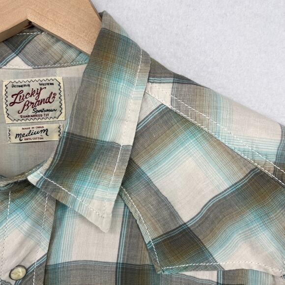 LUCKY BRAND Shirt Mens M Plaid Pearl Snap Front Western Double Layer Cotton Gray - Picture 8 of 15
